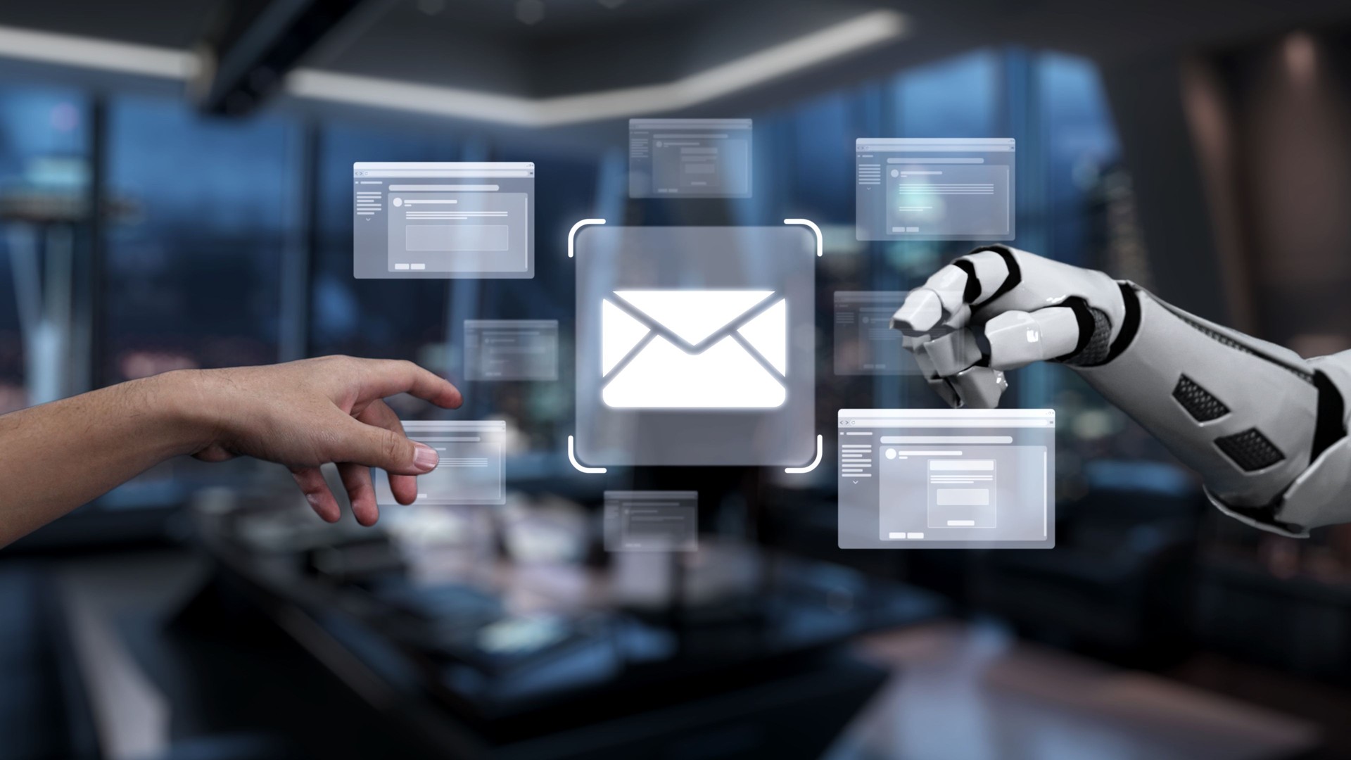 Human and Robot Interaction with Digital Mail Icons in Futuristic Office Environment Showcasing Technology and Communication Advances. Auvana